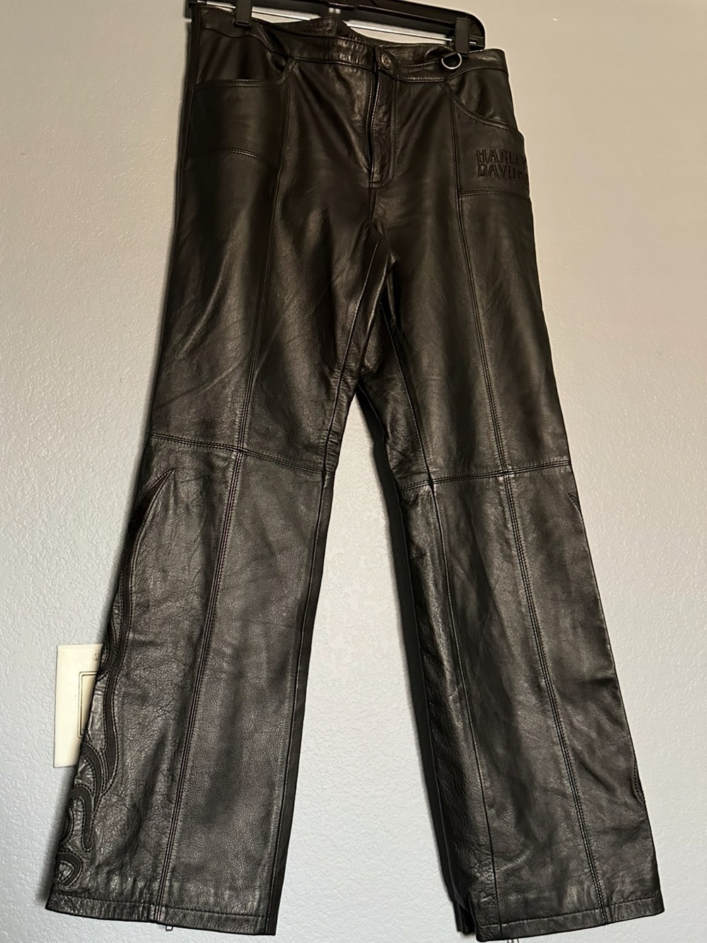 HARLEY DAVIDSON BLACK LEATHER PANTS WITH EMBROIDERED DETAILS